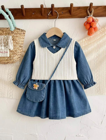 Denim Dress, Knit Vest & Mini Bag (3 pcs set)