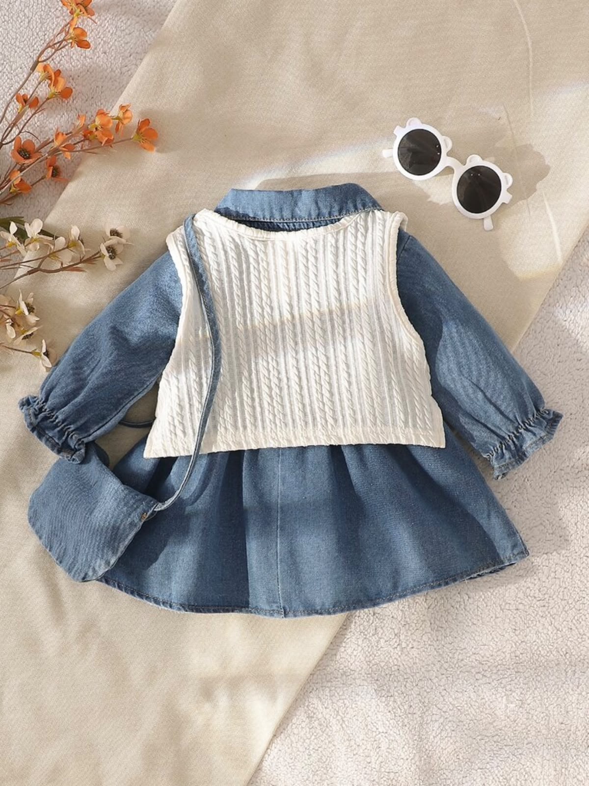 Denim Dress, Knit Vest & Mini Bag (3 pcs set)