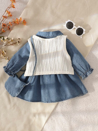 Denim Dress, Knit Vest & Mini Bag (3 pcs set)