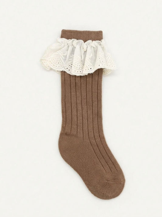 Brown Lace Ruffle Calf Socks