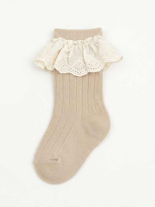 Beige Lace Ruffle Calf Socks