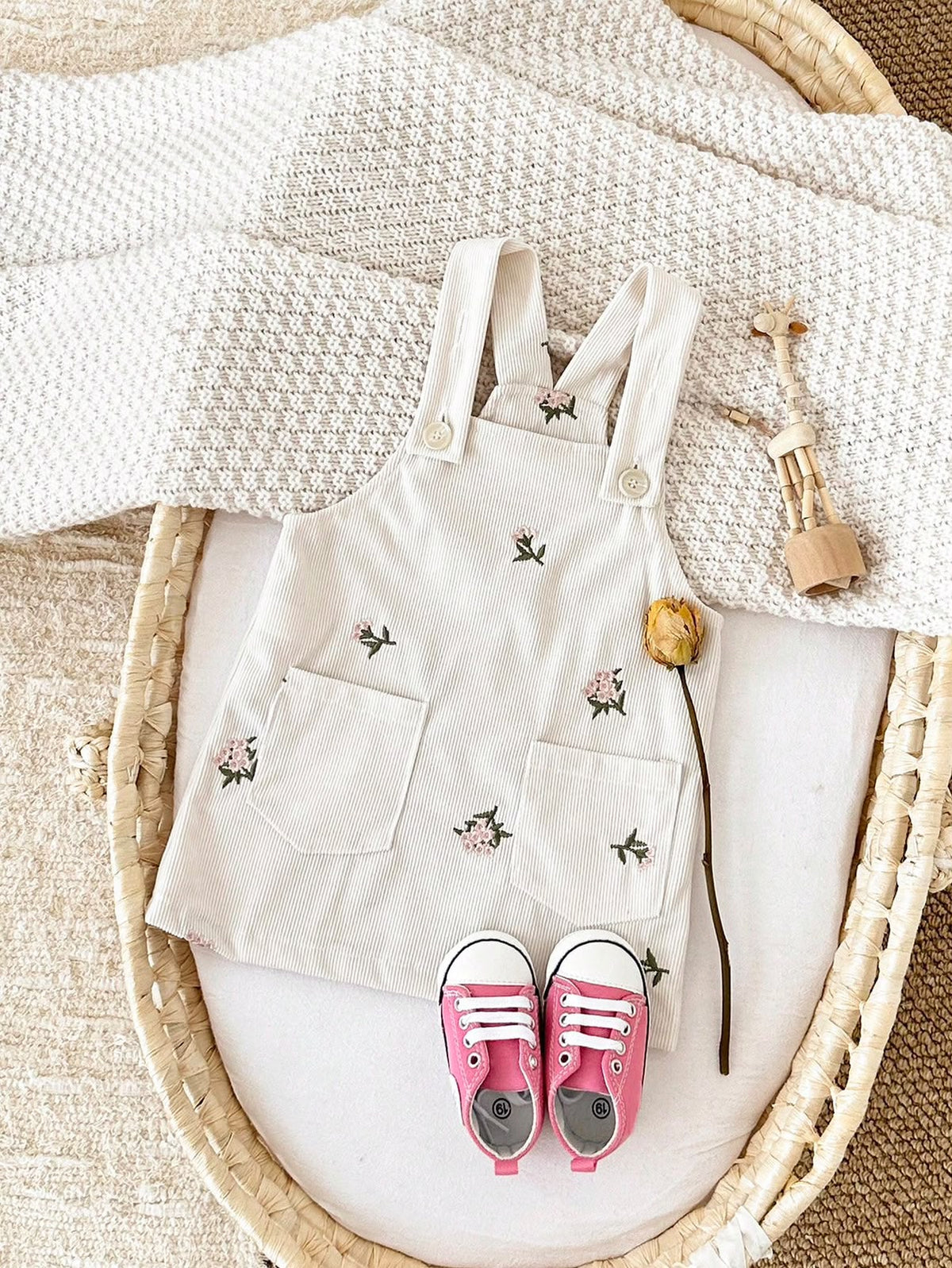 Cream Floral Embroidered Pocket Pinafore Dress