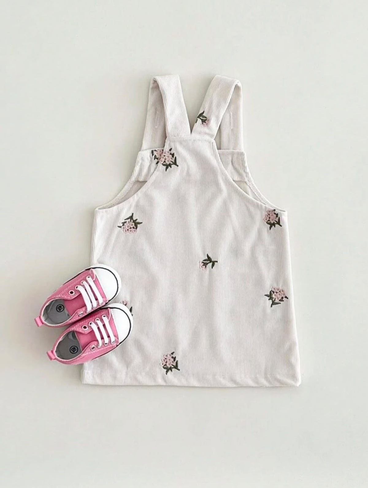 Cream Floral Embroidered Pocket Pinafore Dress
