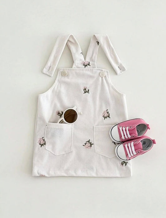 Cream Floral Embroidered Pocket Pinafore Dress