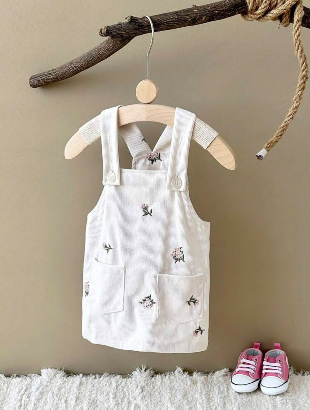Cream Floral Embroidered Pocket Pinafore Dress