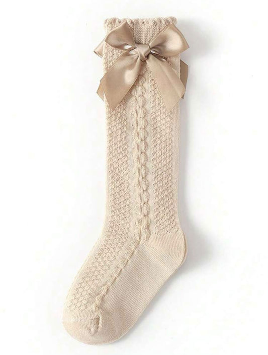 Beige Cable Knit Mid-Calf Socks with Bow