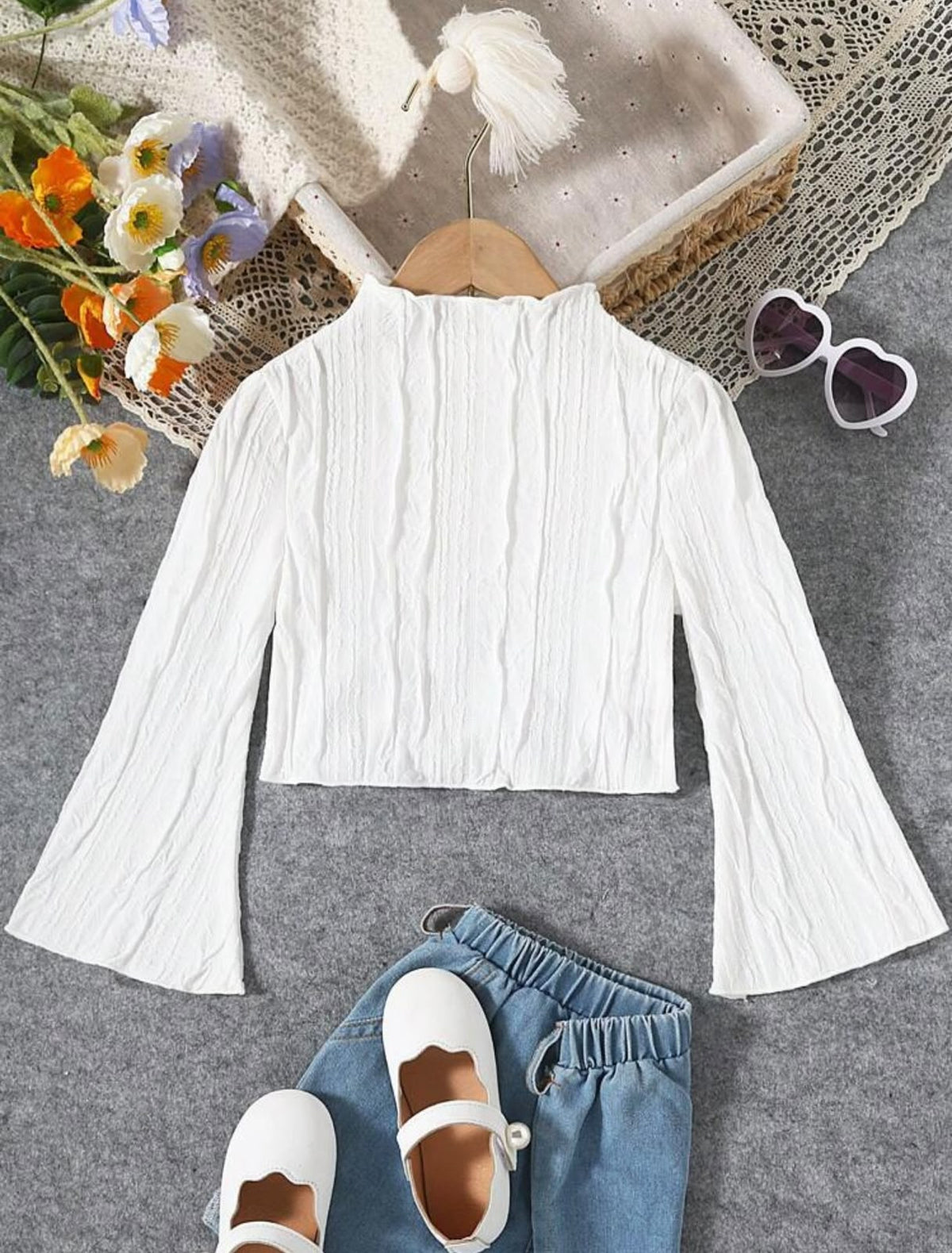 White Stretchy Turtleneck Top with Flare Sleeves