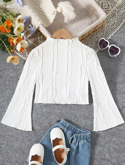 White Stretchy Turtleneck Top with Flare Sleeves