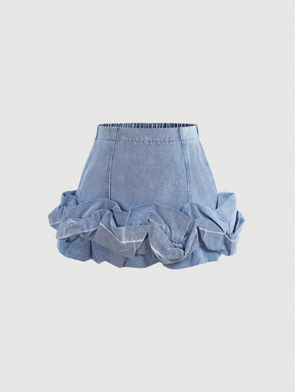 Blue Denim Ruffle Hem A-Line Skirt