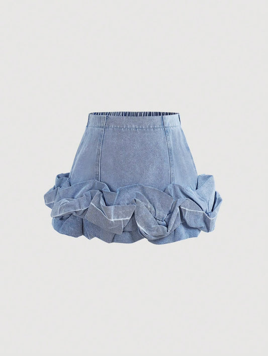 Blue Denim Ruffle Hem A-Line Skirt