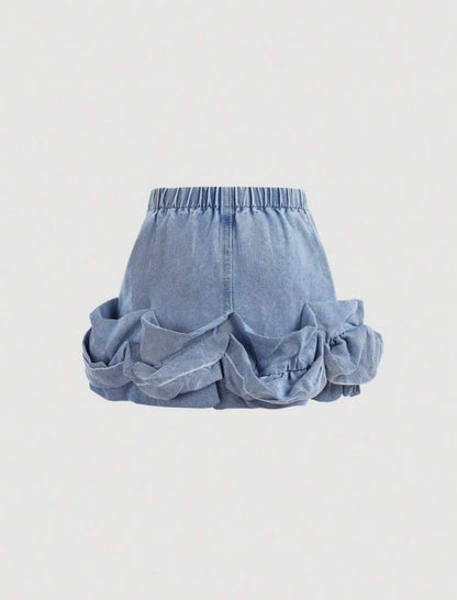 Blue Denim Ruffle Hem A-Line Skirt