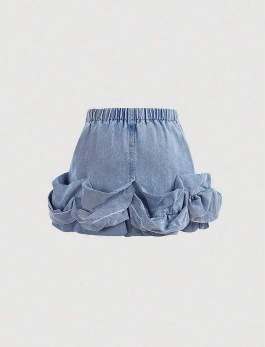 Blue Denim Ruffle Hem A-Line Skirt