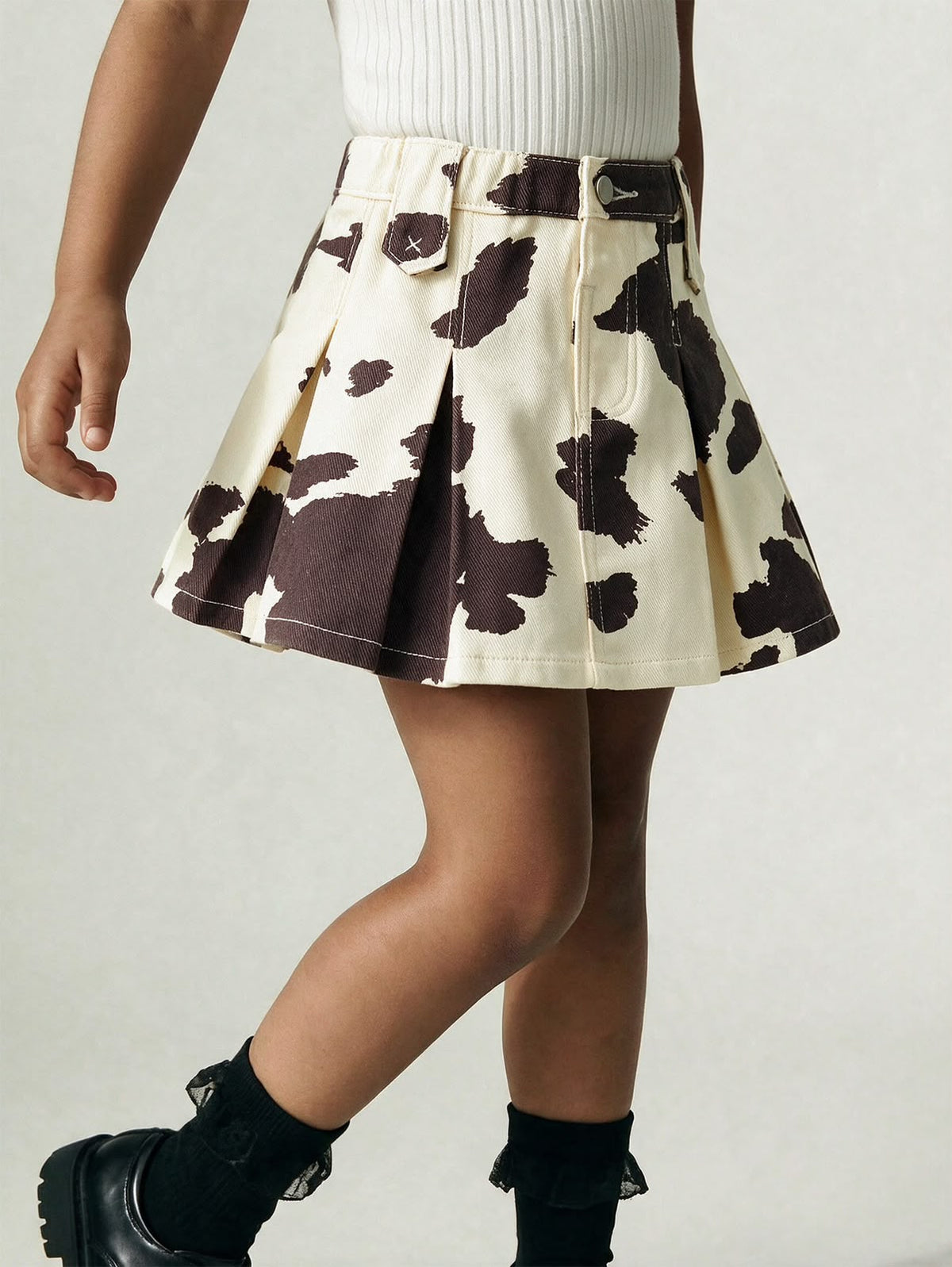 Cow Print Pleated Denim Skirt