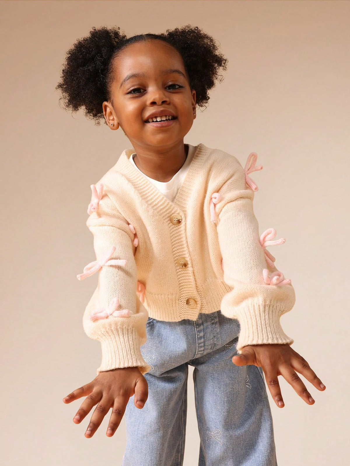 Cream Knit Cardigan with Pink Bows