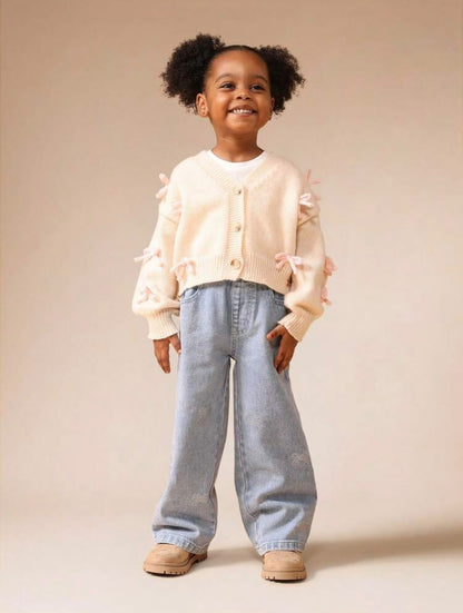 Cream Knit Cardigan with Pink Bows