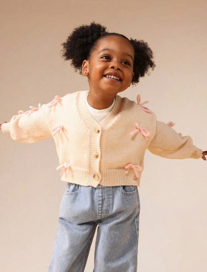 Cream Knit Cardigan with Pink Bows