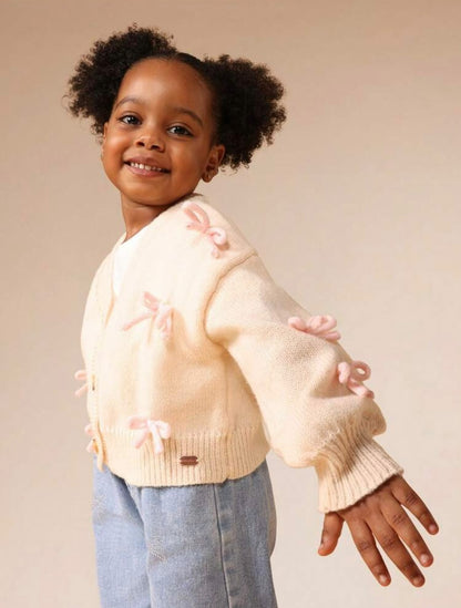 Cream Knit Cardigan with Pink Bows