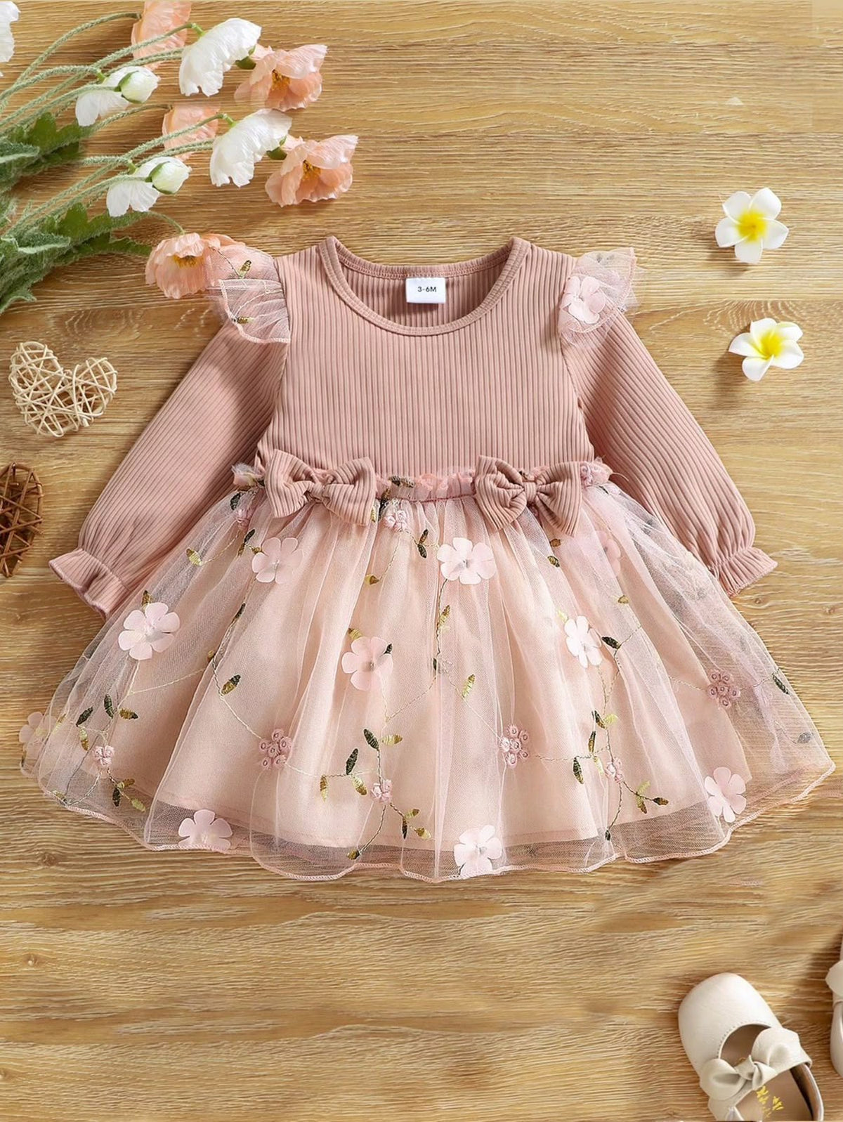 Pink Floral Tulle Dress with Ruffle Sleeves