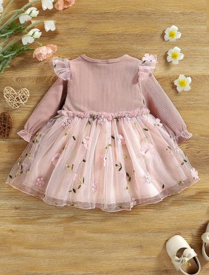 Pink Floral Tulle Dress with Ruffle Sleeves