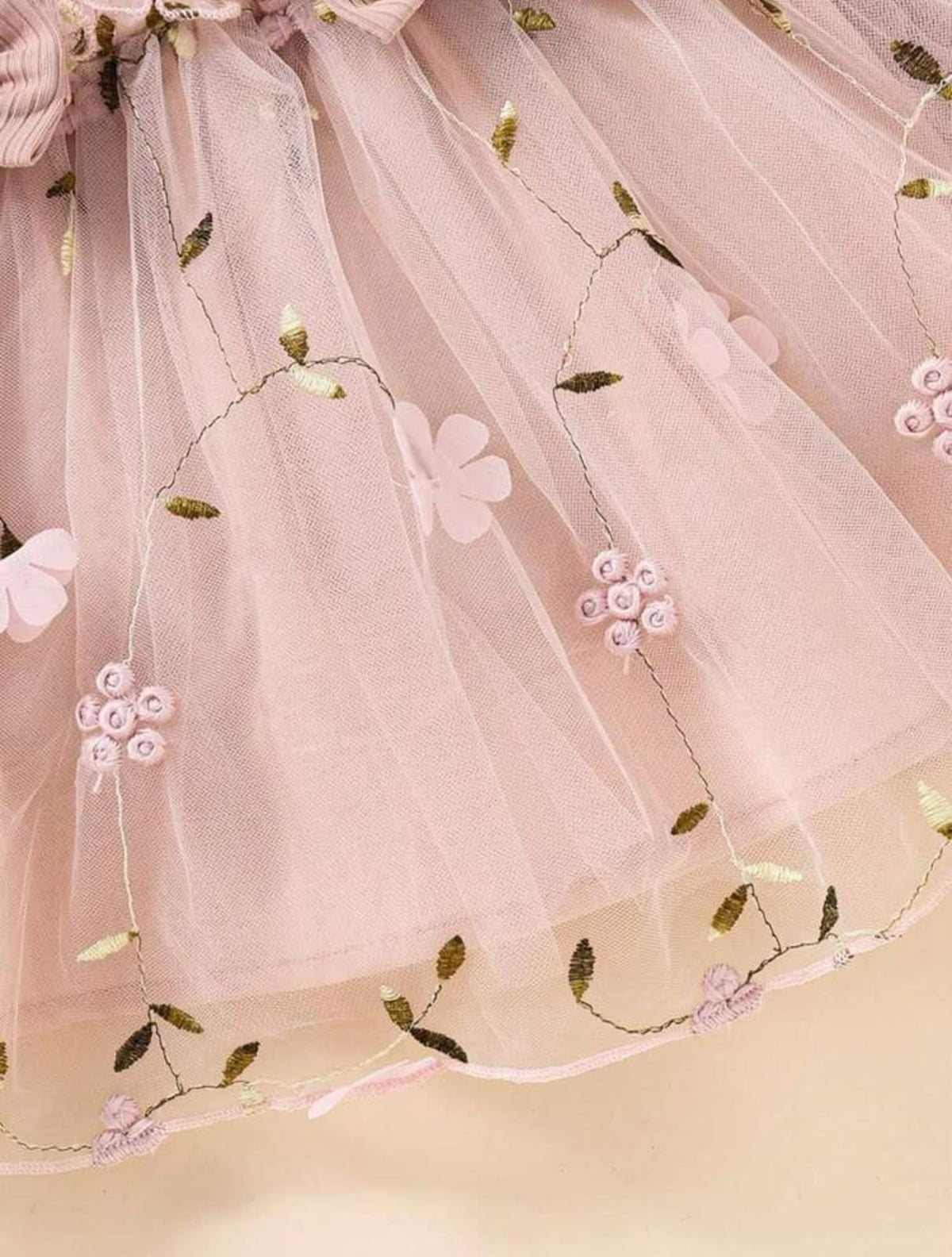 Pink Floral Tulle Dress with Ruffle Sleeves