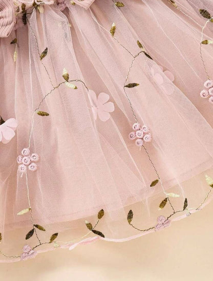 Pink Floral Tulle Dress with Ruffle Sleeves