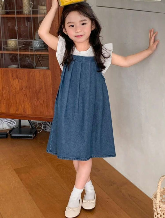 Dark Blue Denim Pleated Pinafore Dress