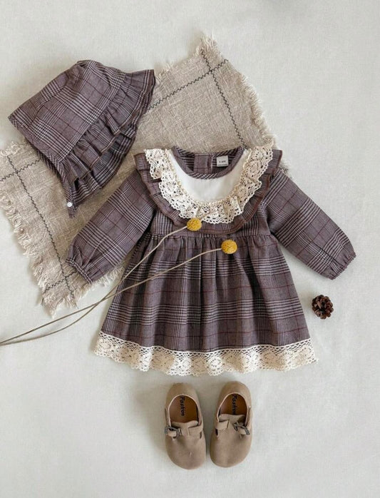 Plaid Lace Princess Dress & Bonnet (2 pcs set)