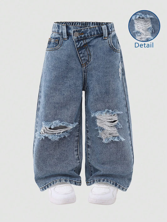 Baby Blue Ripped Wide-Leg Jeans