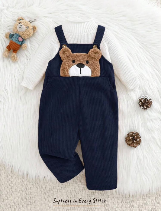 Navy Corduroy Overalls with Teddy Bear Pocket