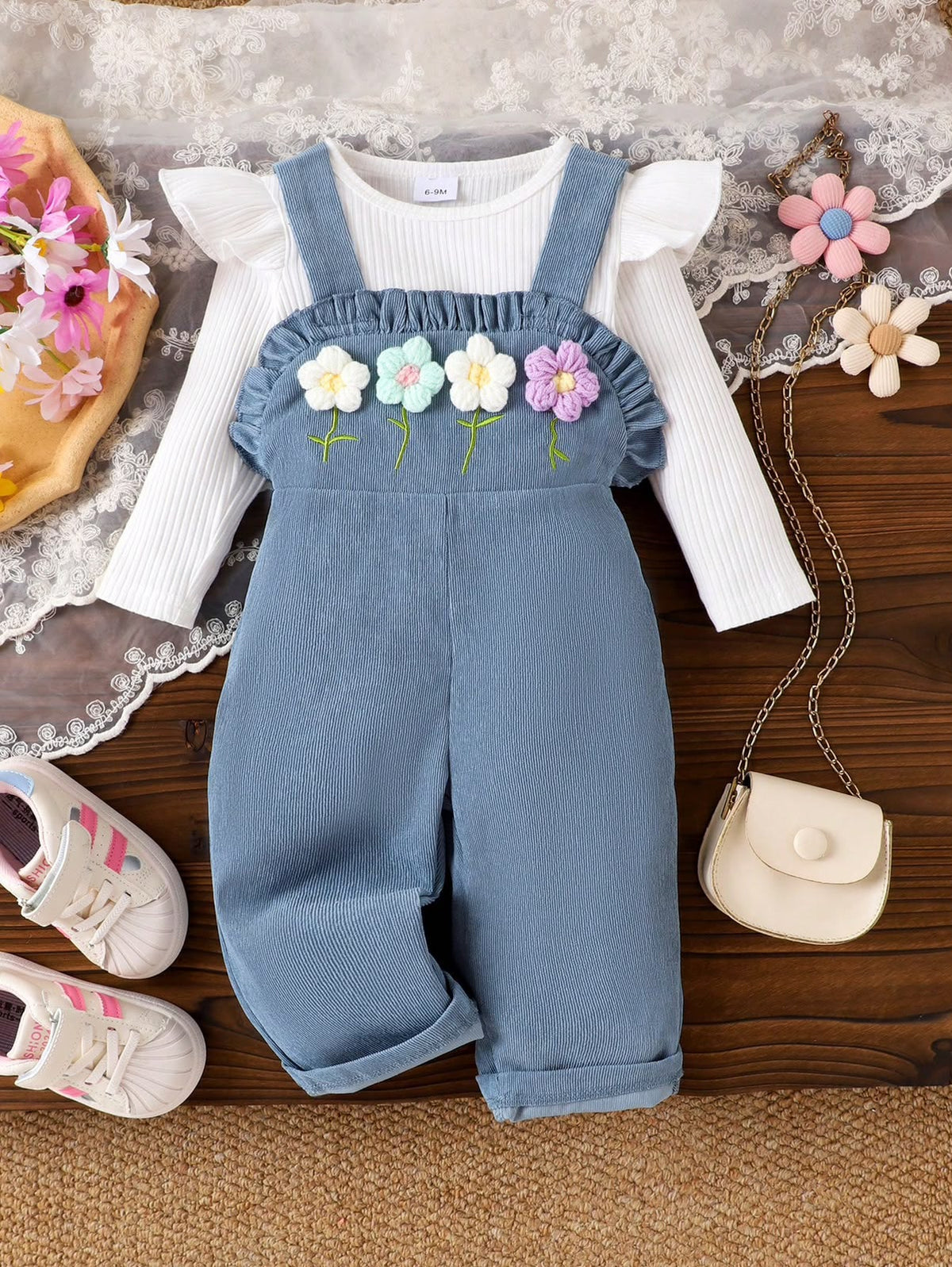 White Ruffle Sleeve Top and Blue Floral Overalls (2 pcs set)