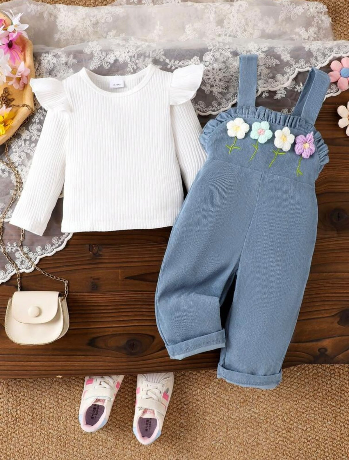 White Ruffle Sleeve Top and Blue Floral Overalls (2 pcs set)