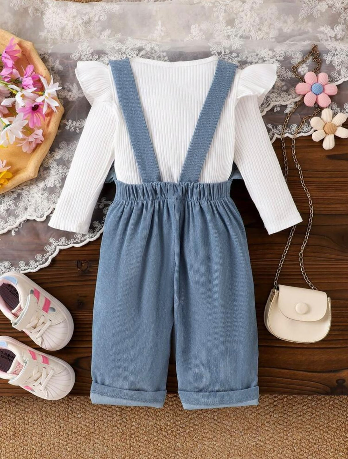 White Ruffle Sleeve Top and Blue Floral Overalls (2 pcs set)