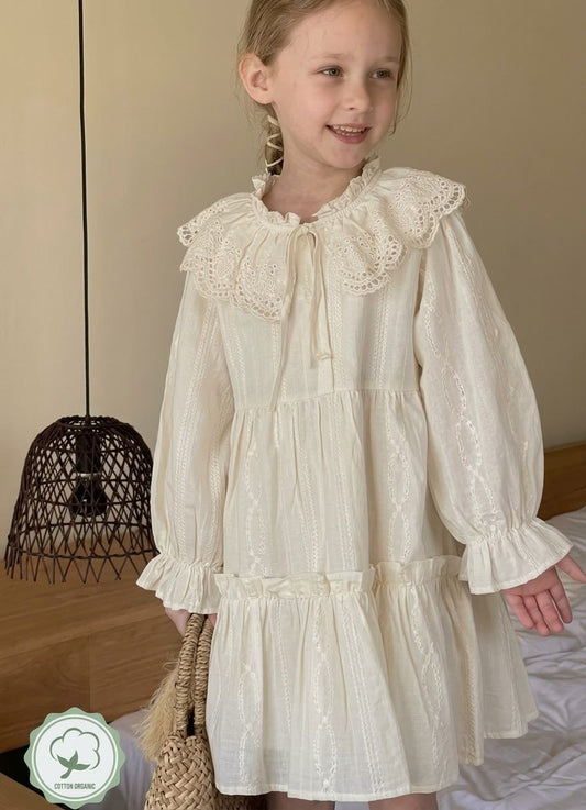 Cream Lace Trim Collared Long Sleeve Tiered Dress