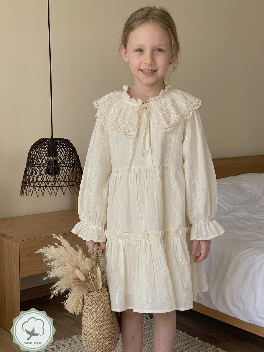 Cream Lace Trim Collared Long Sleeve Tiered Dress