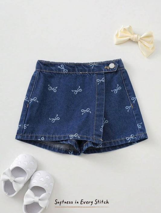 Dark Blue Bow Print Denim Skorts