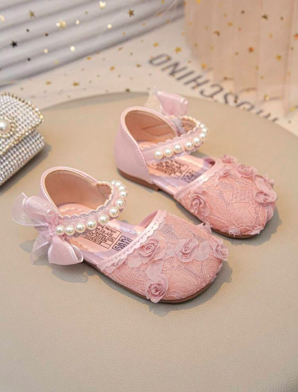 Pink Floral Lace Princess Flat Sandals with Pearl Strap