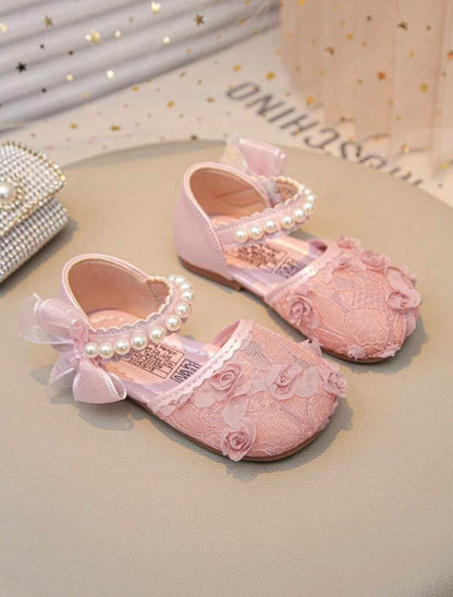Pink Floral Lace Princess Flat Sandals with Pearl Strap