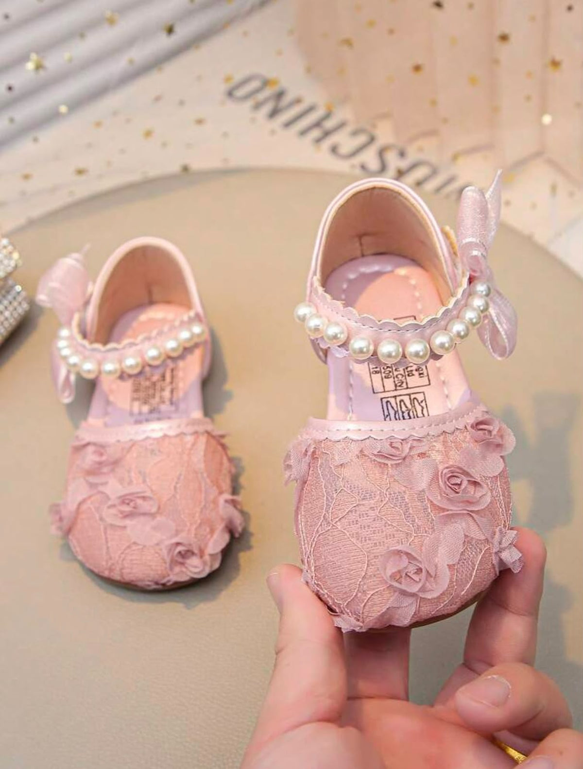 Pink Floral Lace Princess Flat Sandals with Pearl Strap