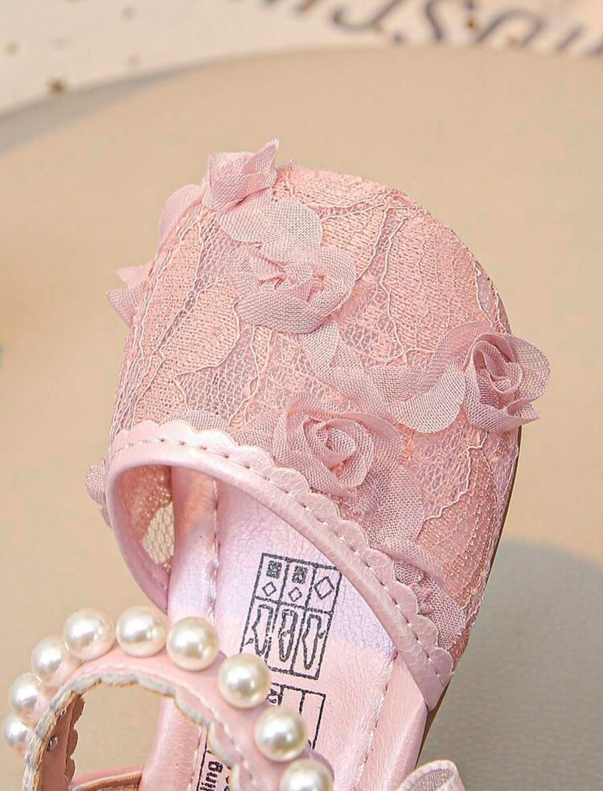 Pink Floral Lace Princess Flat Sandals with Pearl Strap