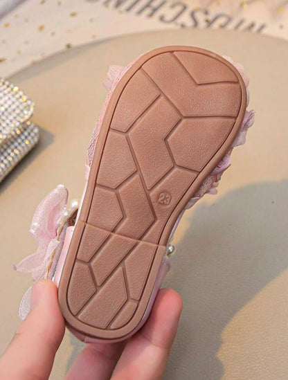 Pink Floral Lace Princess Flat Sandals with Pearl Strap