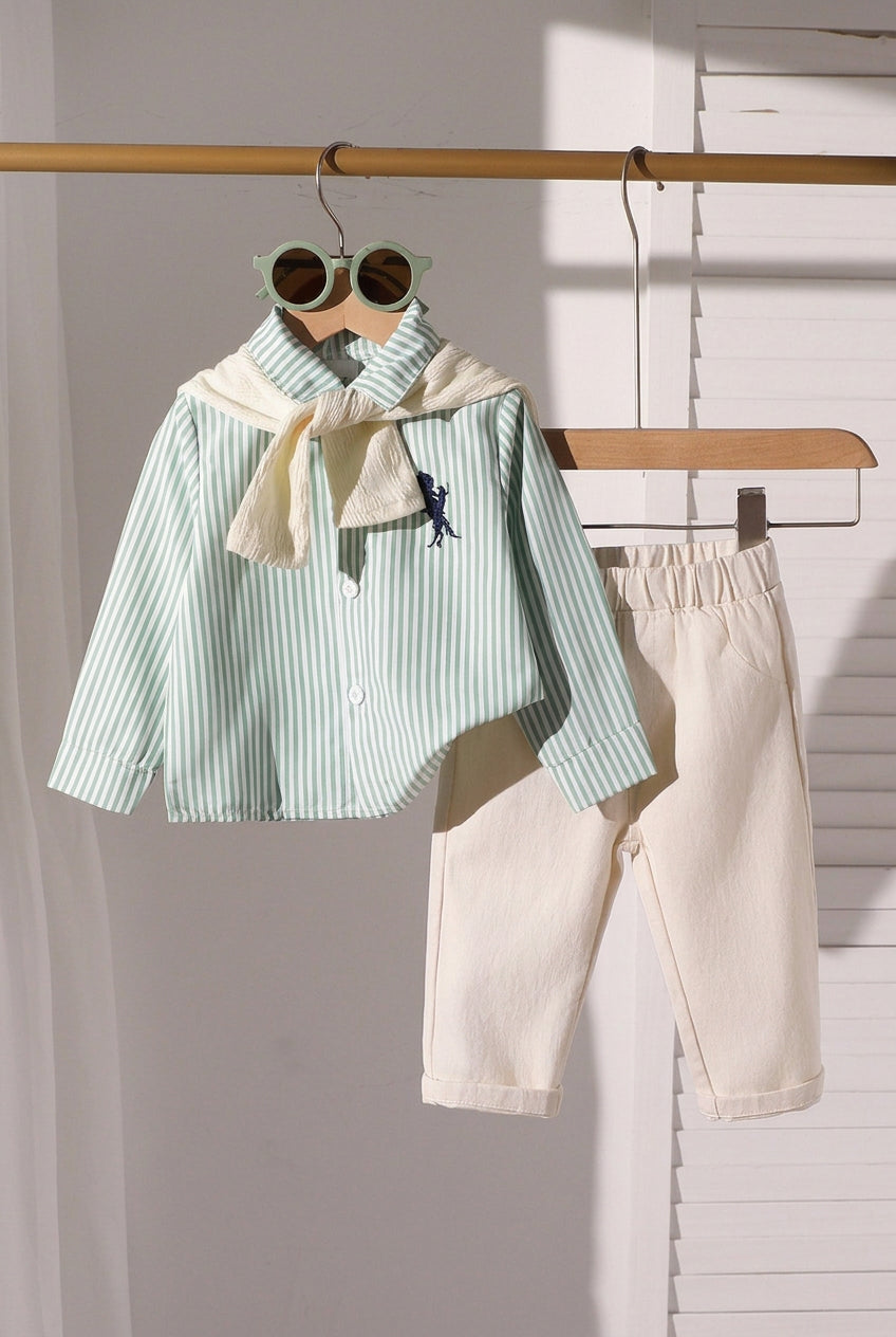 Mint Striped Long Sleeve Shirt and Cream Pants with Scarf (3 pcs set)