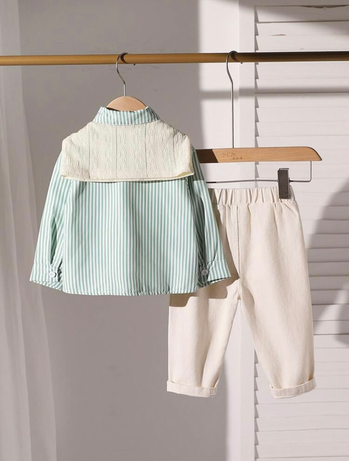 Mint Striped Long Sleeve Shirt and Cream Pants with Scarf (3 pcs set)