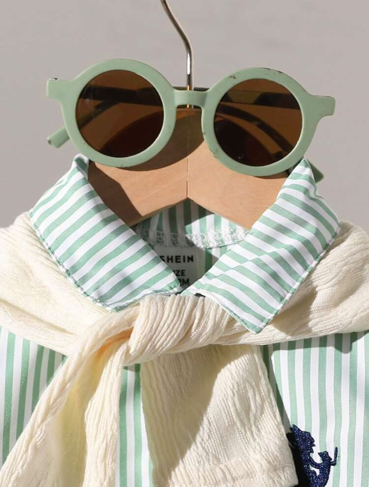 Mint Striped Long Sleeve Shirt and Cream Pants with Scarf (3 pcs set)