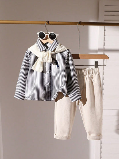 Gray Striped Long Sleeve Shirt and Cream Pants with Scarf (3 pcs set)