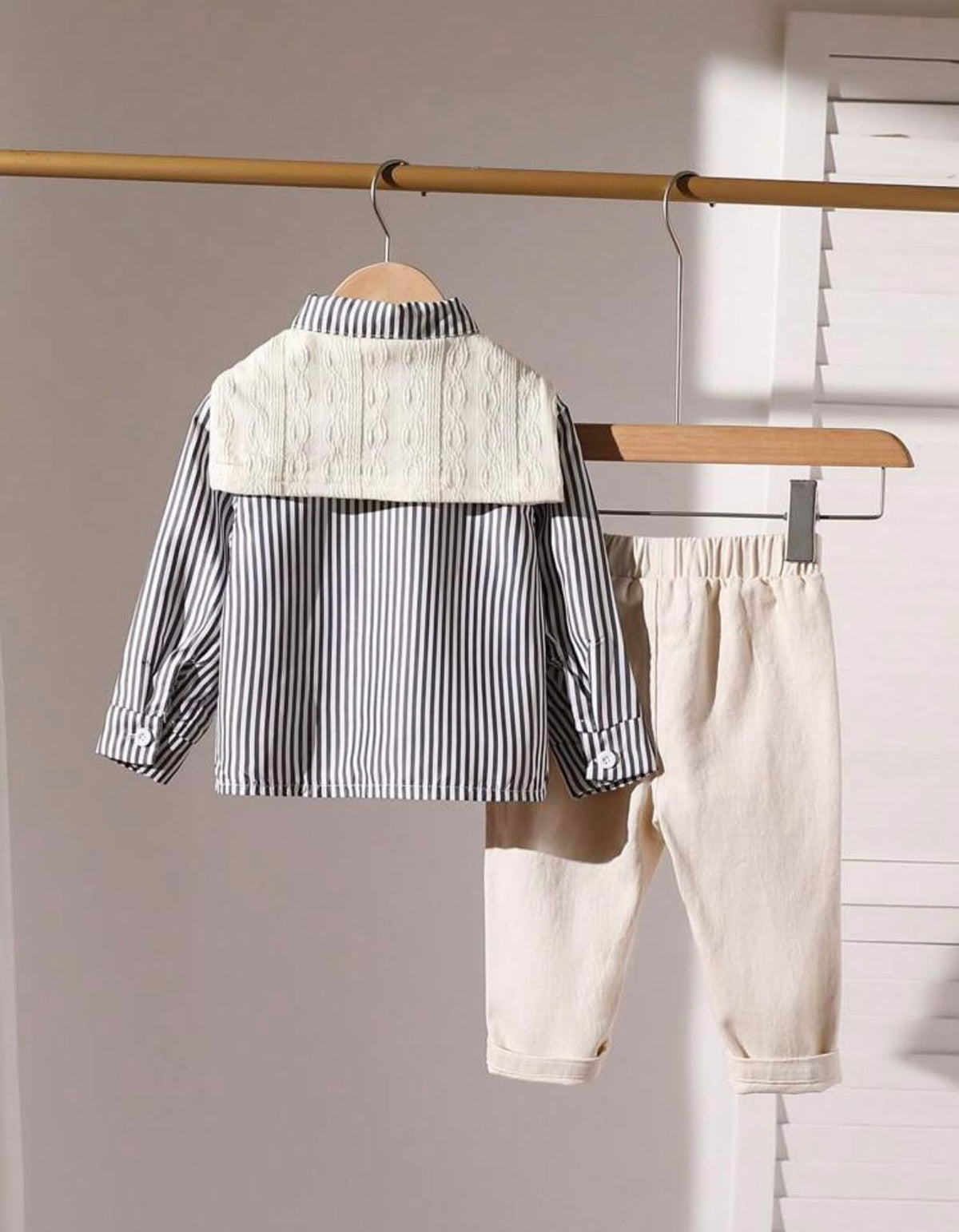 Gray Striped Long Sleeve Shirt and Cream Pants with Scarf (3 pcs set)
