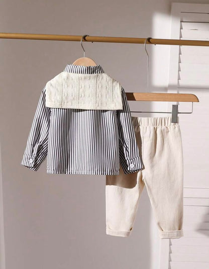 Gray Striped Long Sleeve Shirt and Cream Pants with Scarf (3 pcs set)