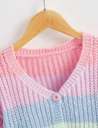 Pastel Rainbow Striped Knit Drop Shoulder Cardigan