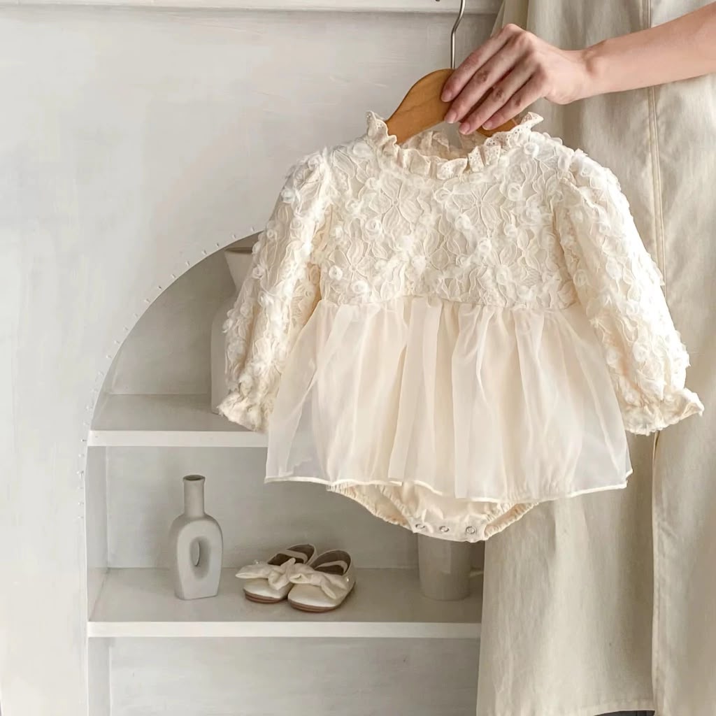 Apricot Floral Lace Long Sleeve Tulle Dress