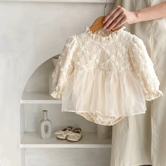 Apricot Floral Lace Long Sleeve Tulle Dress