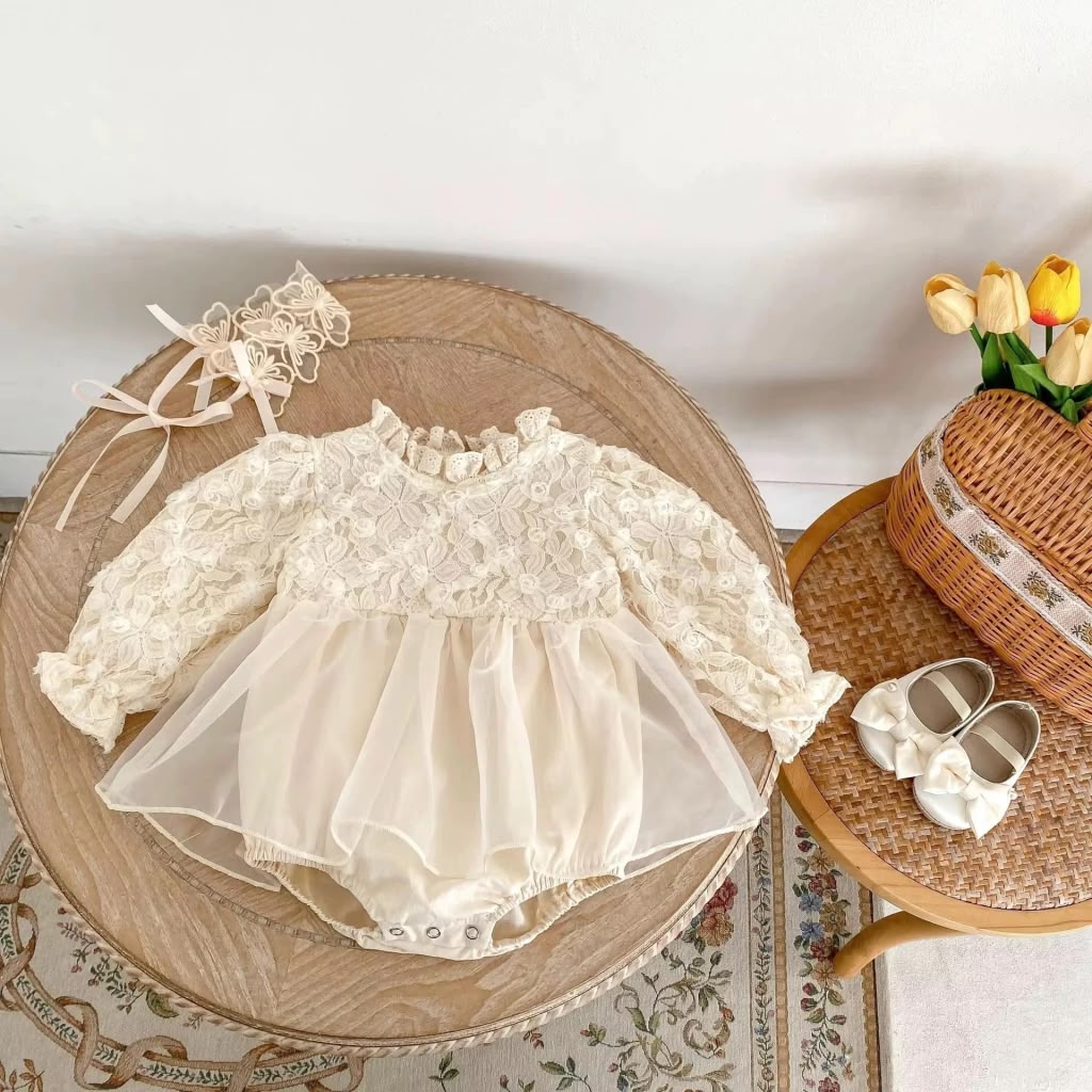 Apricot Floral Lace Long Sleeve Tulle Dress